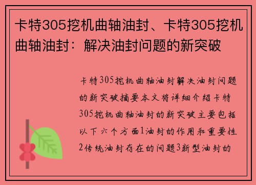 卡特305挖机曲轴油封、卡特305挖机曲轴油封：解决油封问题的新突破