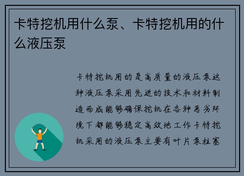 卡特挖机用什么泵、卡特挖机用的什么液压泵
